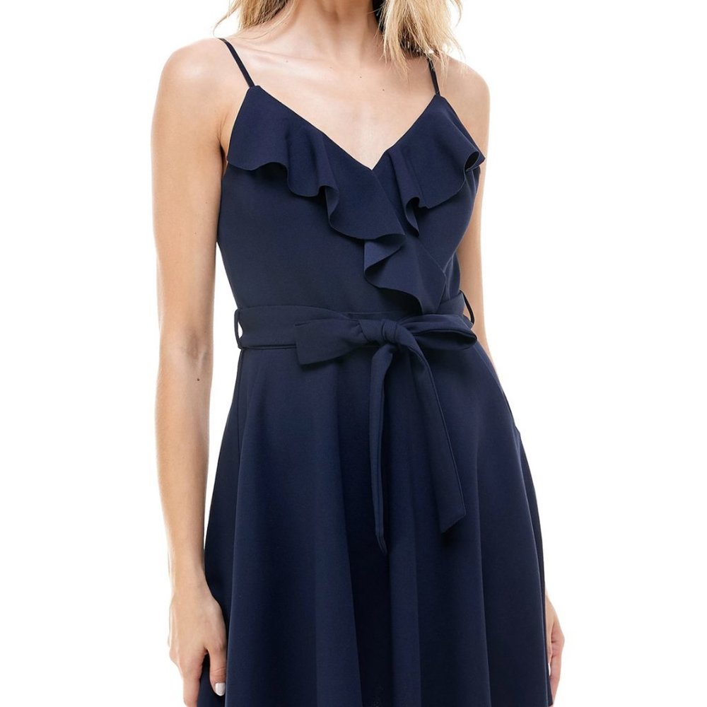 Dry Goods | Navy Ruffle Belted Skater Dress - Picture 1 of 8